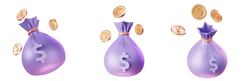 money bag icon set multiple views, multiple angles of money bag icon on white background, 3d illustration money and finance icons, 3d icons set 
