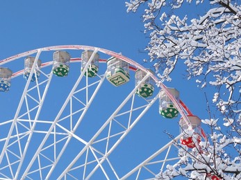 ferris wheel in winter against the blue sky. snow on the branches of a tree. kharkiv city, ukraine