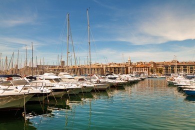 yacht standing in a row in the old port of marseille