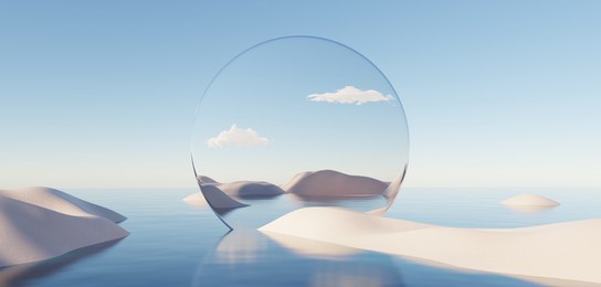 abstract dune cliff sand with metallic arches and clean blue cloud sky. surreal minimal desert natural landscape background. scene of desert with glossy metallic arches geometric design. 3d render.