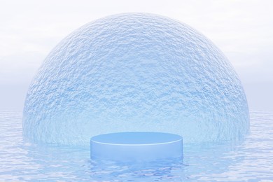 abstact 3d render water scene and natural podium background, blue podium on the sea backdrop water ball with sky for product display advertising cosmetic beauty products, skincare or etc 