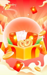 online shopping gift box with gold coins and red envelopes on the background, vector illustration