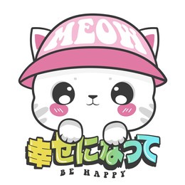 anime cat illustration with japanese slogan. japanese text means "be happy". vector graphic design for t-shirt.