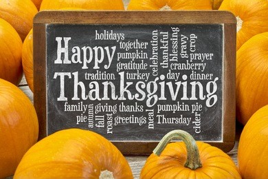 happy thanksgiving word cloud on a  vintage slate blackboard surrounded by pumpkins