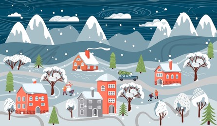 winter landscape with village houses and people. car, children making a snowman and playing snowballs, trees, hills, mountains,clouds and falling snow.vector flat style hand drawn illustration.