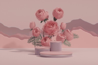 3d podium display, pastel pink background with rose flowers. glass wall and palm leaf shadow. minimal pedestal for beauty, cosmetic product. valentine, feminine copy space template 3d render	