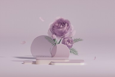 3d podium display, pastel purple background with rose flowers. circle frame and palm leaf shadow. minimal pedestal for beauty, cosmetic product. valentine, feminine copy space template 3d render

