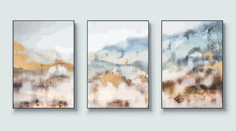 abstract painted wall art set. posters, covers, prints. watercolor hand drawn background. creative colorful, gold, blue, beige art triptych. vector illustration.