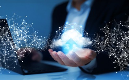 exchange information and data with internet cloud technology.ftp(file transfer protocol) files receiver and computer backup copy.wireframe cloud with connection.