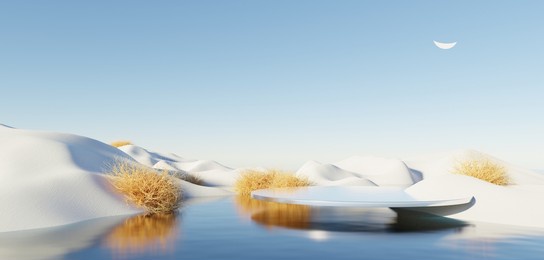 abstract dune in winter season landscape with podium platform. surreal beautiful dream land background. relax and clam island scene with water and natural clear sky. metallic mirror arch. 3d render.