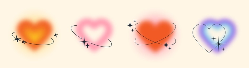 blurry pink heart aura aesthetic element with linear form and sparkle, trendy y2k style design template. modern minimalist blurred gradient hearts with stars, social media or logo elements vector set
