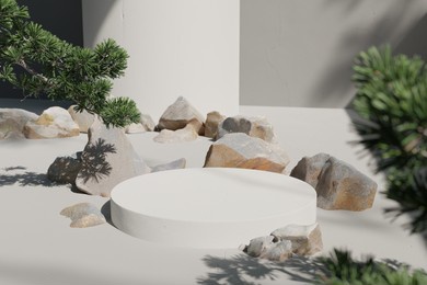 white cylindrical concrete podium product display on a soft white background. decorated with japanese bonsai trees and rocks with the morning light shining down.3d rendering