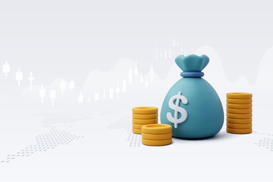 3d vector pouch money bag and coins, online payment, business and finance concept. eps 10 vector.