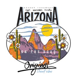 arizona road king, original desert vibes, desert dream vector graphic, sunset the desert vibes in arizona, desert vibes vector graphic print design for apparel, stickers, posters, background and other