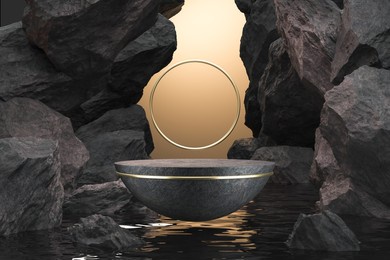 black geometric stone and rock shape background, minimalist mockup for podium display or showcase, 3d rendering.