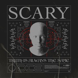 retro futuristic poster with "scary" text and human head. techno style print, for streetwear, print for t-shirts and sweatshirts on a black background