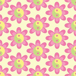 flower with yin yang symbol with hearts in pink yellow green color. vector background, cute y2k hippie print, wallpaper, texture design