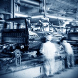 pickup truck production line, workers are working.