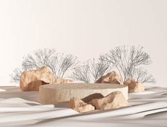 circular stone podium on desert or seaside with dry bushes arid environment backdrop beige. advertisement pedestal display product sandy beach rocky hill. stage cosmetic or skincare. 3d illustration.