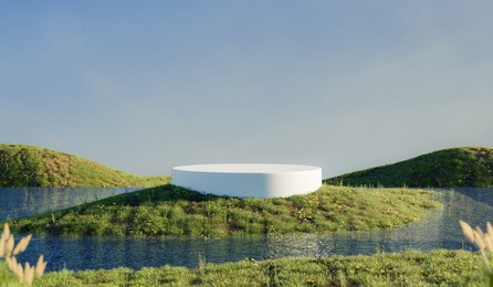 podium backdrop with natural floral field for advertising product presentation. 3d rendering background.