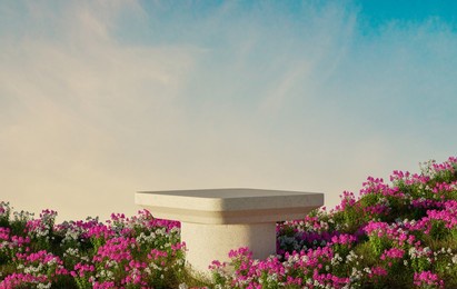 podium backdrop with natural floral field for advertising product presentation. 3d rendering background.