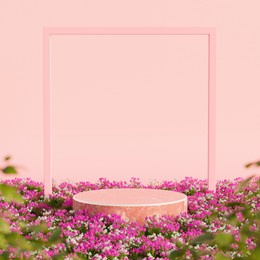 podium backdrop with natural floral field for advertising product presentation. 3d rendering background.