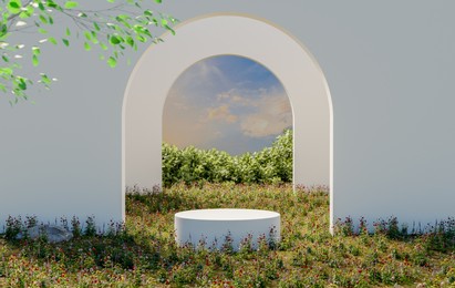 podium backdrop with natural floral field for advertising product presentation. 3d rendering background.