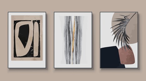abstract painted wall art set. posters, murals, prints. watercolor hand drawn background. creative colorful, golden leaves, grey, artistic triptych. vector illustration.