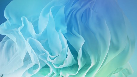 3d render, abstract turquoise blue background of drapery layers and folded textile ruffle, flowing fabric macro, wavy fashion wallpaper