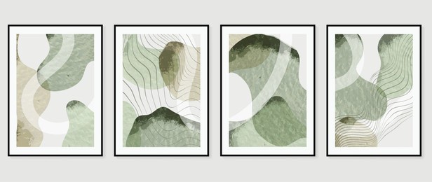 set of contemporary abstract design wall art vector. collection of watercolor abstract shape, line art, curve, wave. art design illustration for wallpaper, wall decor, card, poster, cover, print.
