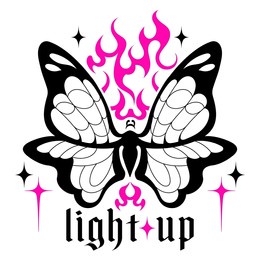 retro gothic print with butterfly, fire and slogan: "light up" .black and pink concept. nostalgia glamor trendy 2000's, 1990's aesthetic. y2k graphic vector tattoo icon.