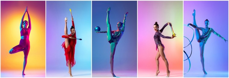 collage. portraits of young women, female rhythmic gymnast performing, and doing yoga on multicolored background in neon light. concept of action, sport life, motivation, competition, healhy lifestyle