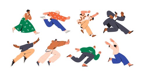 people running fast set. happy active characters rushing forward, aspiring. excited determined men, women hurrying on urgent businesses. flat graphic vector illustrations isolated on white background