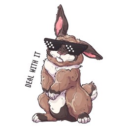 cute rabbit with meme pixel glasses. deal with it - lettering quote. fluffy bunny for posters, postcards, t-shirt prints. vector hand drawn style illustration.