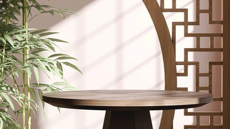realistic 3d render empty teak wood traditional asian tea table with green bamboo plants, wooden chinese pattern screen panel, morning sunlight. blank space for products display backdrop, japanese.