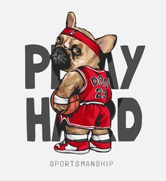 cartoon dog basketball ahtlectic on play hard slogan vector illustration