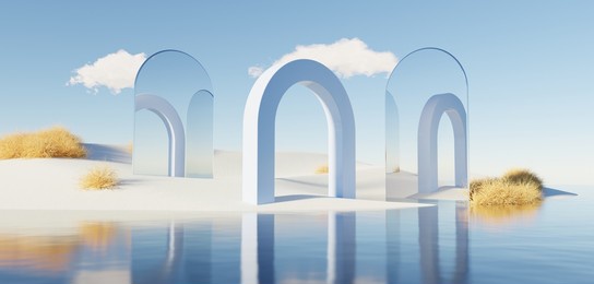 surreal beautiful dream land background. abstract dune in winter season landscape with geometric arch. fantasy island scenery with water and natural cloudy sky. metallic mirror arch. 3d render.