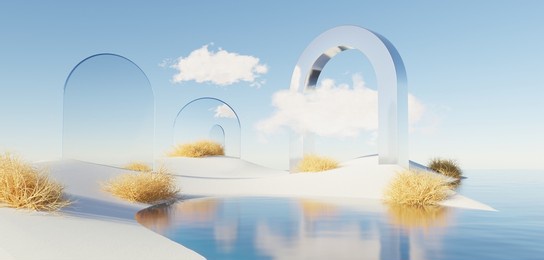 surreal beautiful dream land background. abstract dune in winter season landscape with geometric arch. fantasy island scenery with water and natural cloudy sky. metallic mirror arch. 3d render.