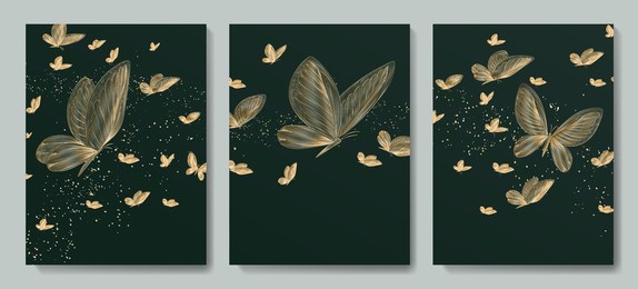 luxury green abstract art background with butterflies in gold line art style. animal hand drawn set for print, poster, wallpaper, decor, textile, packaging, interior design.