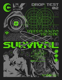retro futuristic poster with women statue "survival" text. print in techno style, for streetwear, print for t-shirts and sweatshirts on a black background
