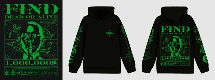 futuristic style poster with "find dead or alive" text. print in techno style, for streetwear, print for t-shirts and sweatshirts on a black background