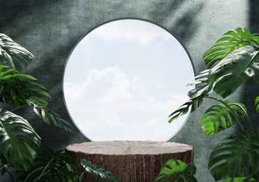 wooden product display podium in green room with monstera plant and sunshine shadow background. product presentation theme. nature and organic cosmetic and food concept. 3d illustration rendering