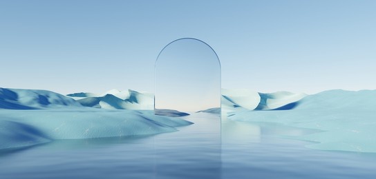 surreal beautiful dream land background. abstract dune in winter season landscape with geometric arch. fantasy island scenery with water and natural cloudy sky. metallic mirror arch. 3d render.