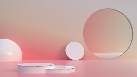 abstract pink concept design for skin care product showcase or beauty product presentation 3d illustration design, bright cosmetic product showcase luxury empty two podium on floor 3d rendering