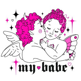 baby angels together. y2k style love concept, baby devil and cute angel. fun vibrant goth aesthetic print with slogan. weird gothic hand drawn illustration, pink color, 90s, 00s cool aesthetic.