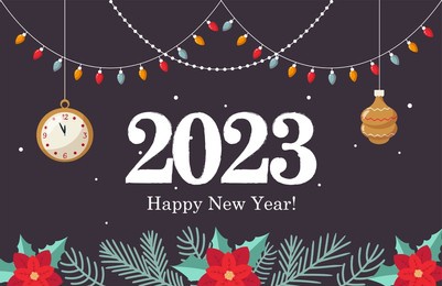 inscription 2023 and happy new year new years banner with christmas tree decorations