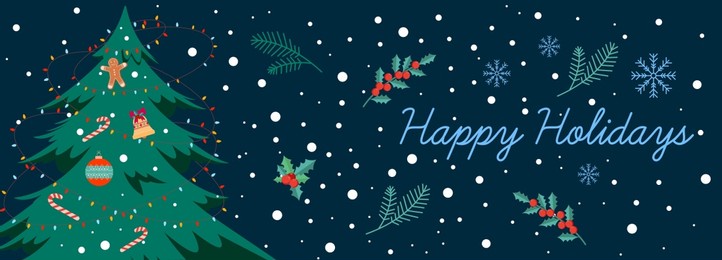 winter holidays banner design with christmas tree decorated with toys inscription happy holidays with snow flakes.vector horizontal flat illustration isolated on dark background. holiday card template