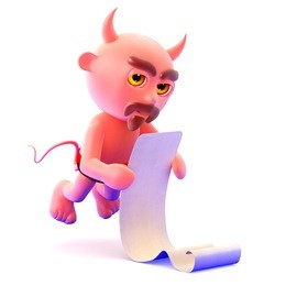 3d render of a devil reading from a paper scroll
