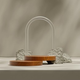 square layout of rocks and glass arch, 3d rendering blank space of wood cylinder podium