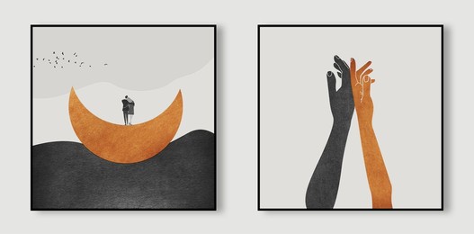 abstract painted wall art. orange collection for couple art, moon, sun, cover, print. watercolor hand drawn background. creative and colorful,